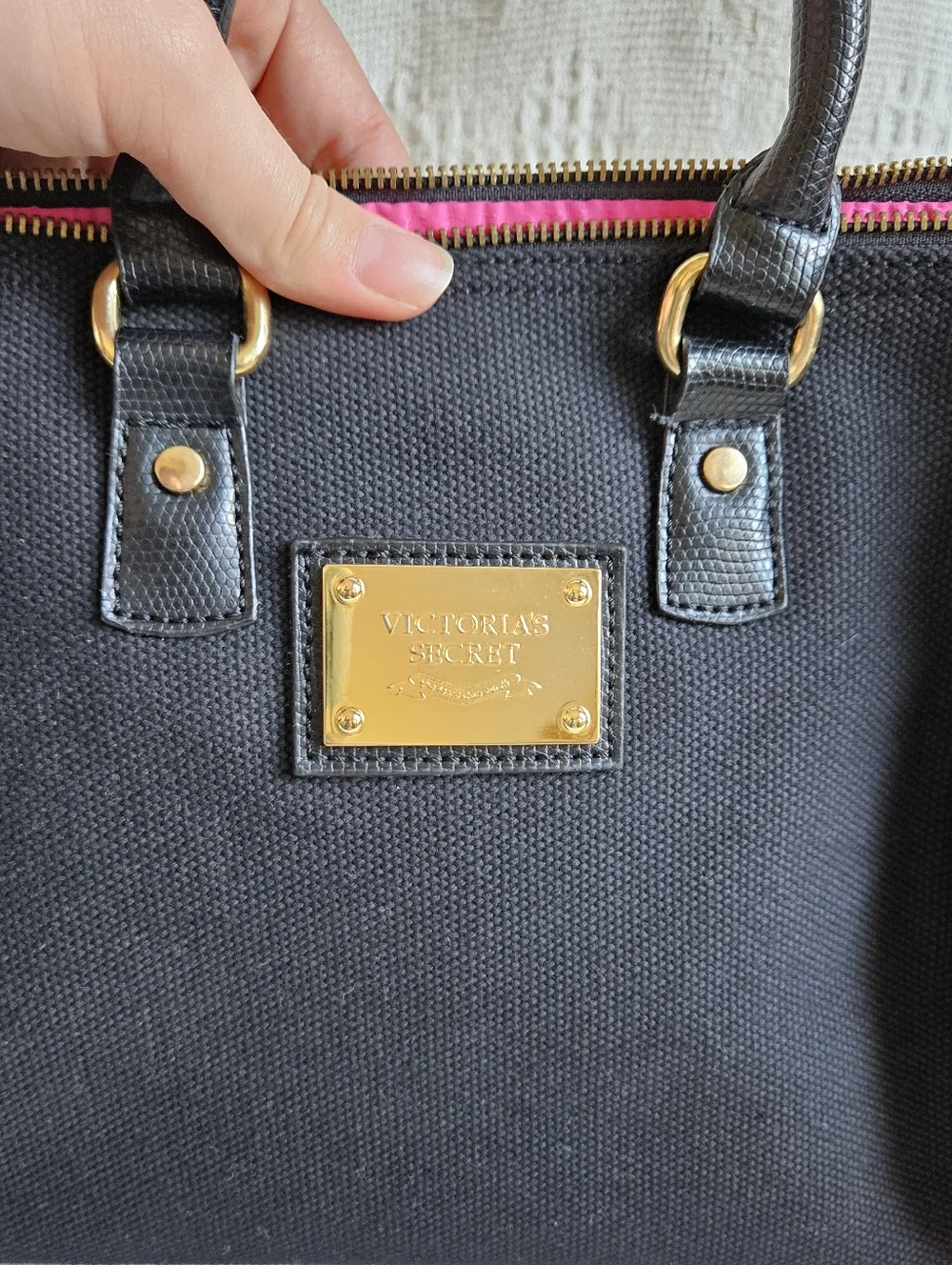Victoria's Secret Black Canvas Satchel with Gold Hardware